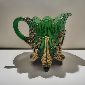 Vtg EAPG Emerald green glass pitcher creamer gold guilt leaf pedestal base foot